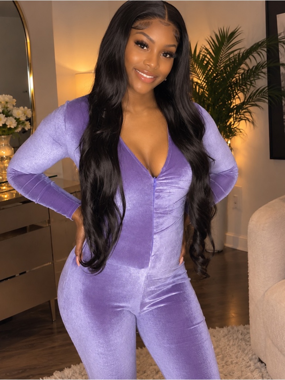 Velvet Long-Sleeve Purple Jumpsuit Top